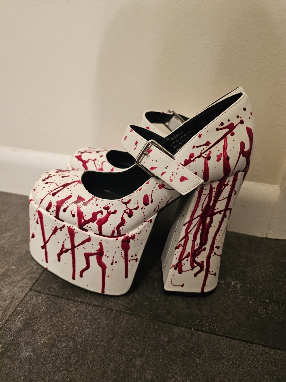 White Platform Mary Jane Heels with Red Paint-Splash Detail